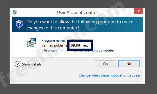 Screenshot where Bit89 Inc. appears as the verified publisher in the UAC dialog